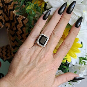 Black Tourmaline and Natural White Zircon Ring in 925 Sterling Silver
